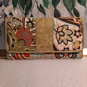Alba Multicolor Paisley Floral Cotton Boho Trifold Wallet with Green Trim